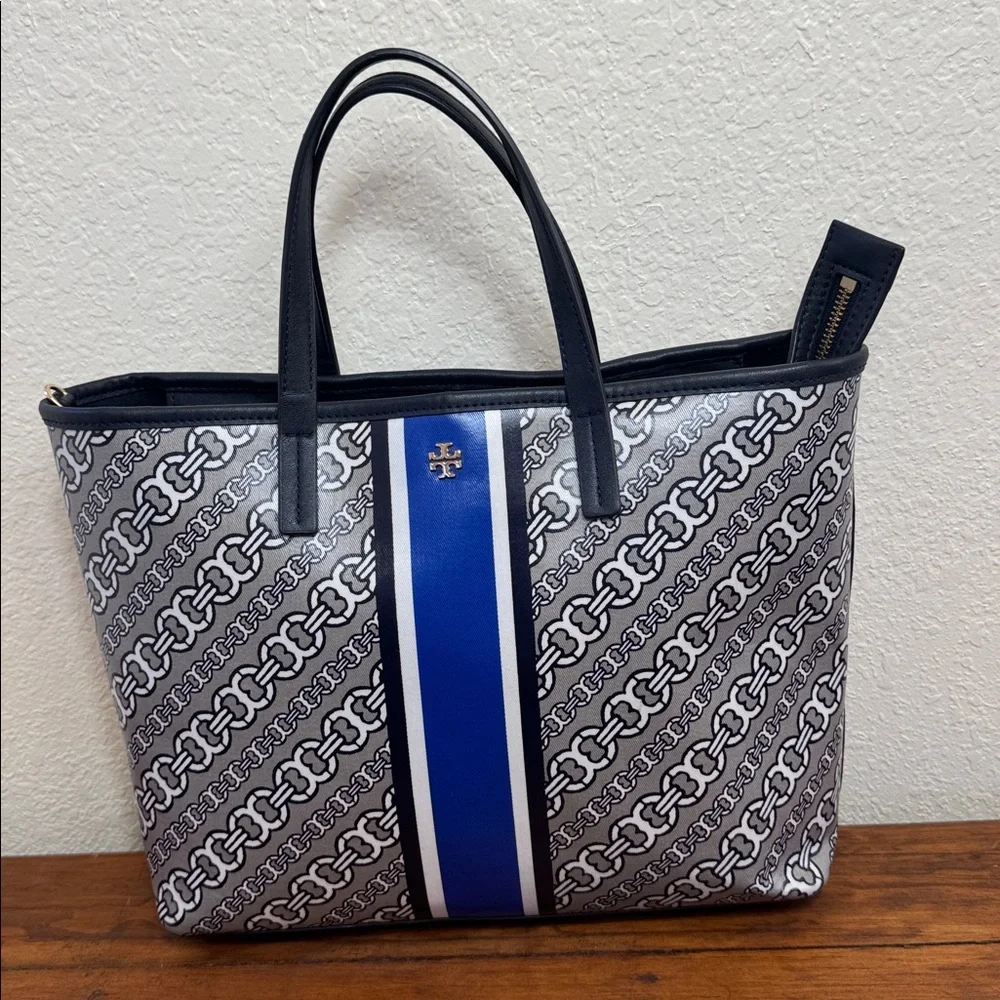 Tory Burch Gimini Link Canvas Satchel Navy and White Patterned Tote.